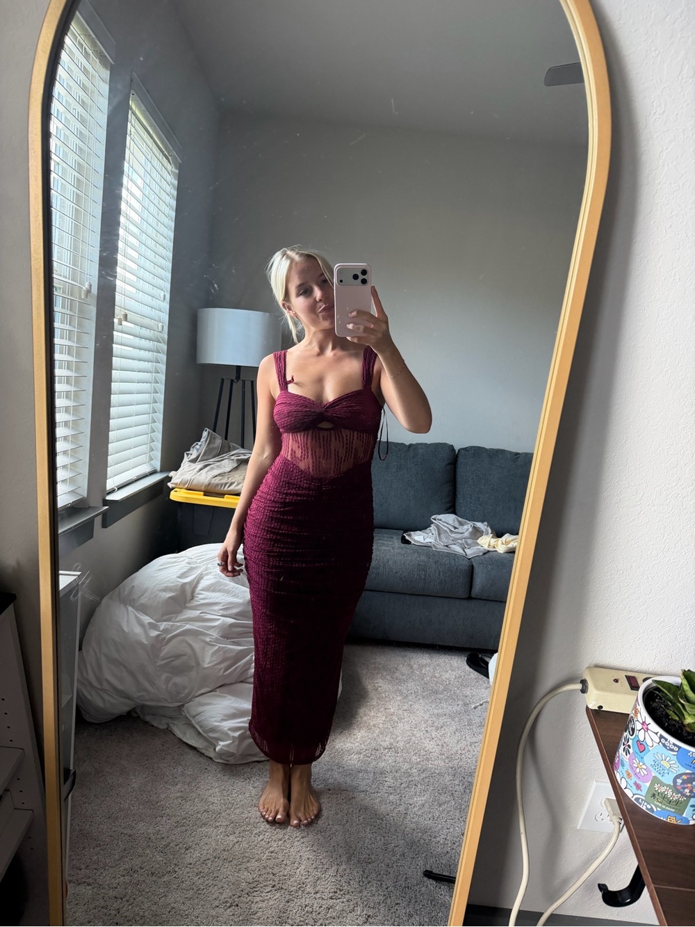 Ruched Burgundy Midi Dress with Sheer Bodice